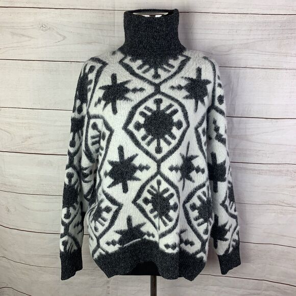 wool sweater aztec geometric tribal western Star high-low white black small 4 6 - Picture 12 of 12